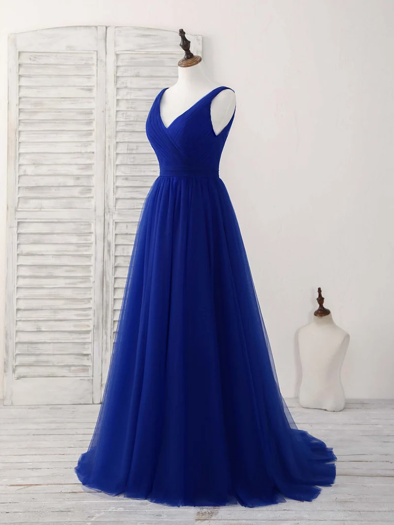 Robe de bal longue élégante en tulle bleu roi à col en V pour demoiselles d'honneur et soirées