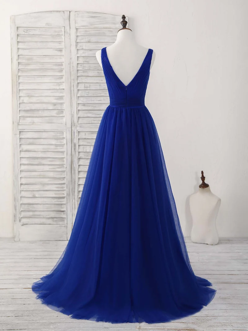 Robe de bal longue élégante en tulle bleu roi à col en V pour demoiselles d'honneur et soirées