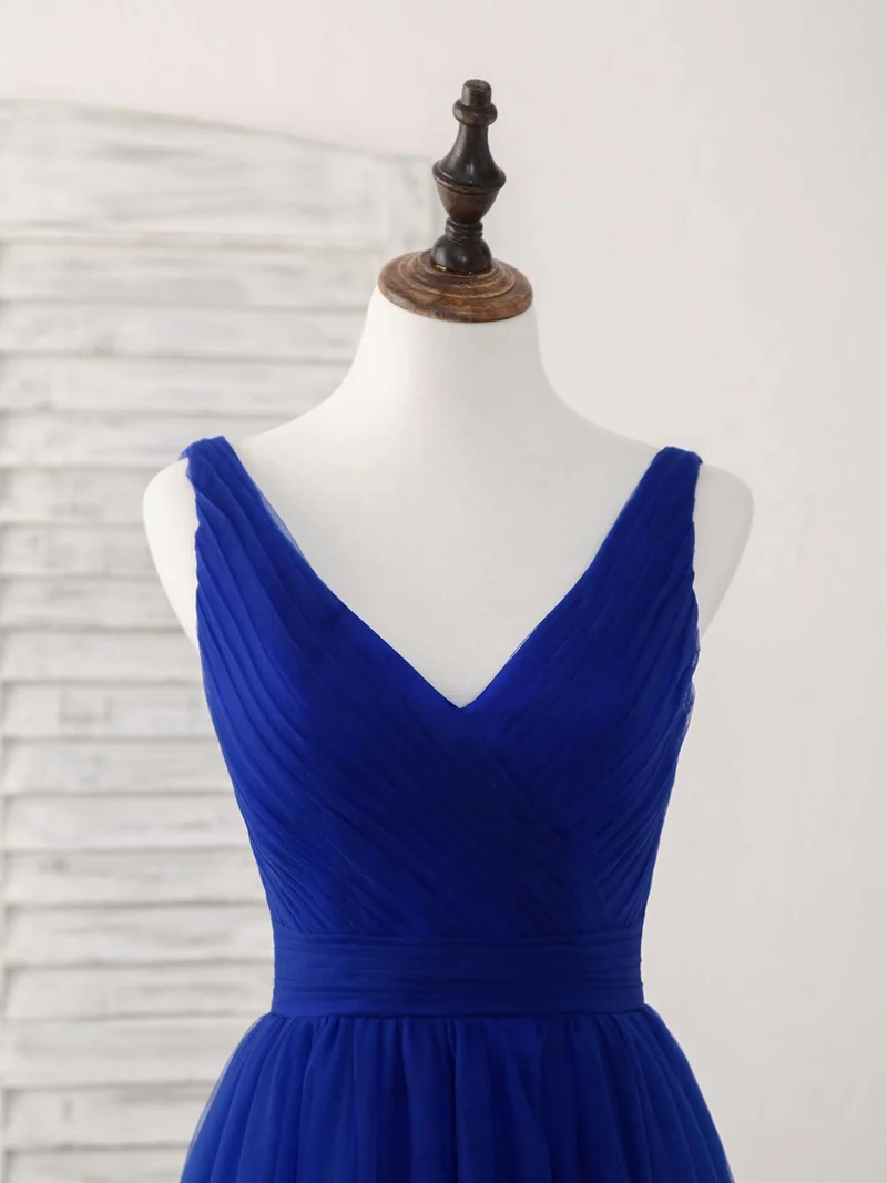 Robe de bal longue élégante en tulle bleu roi à col en V pour demoiselles d'honneur et soirées