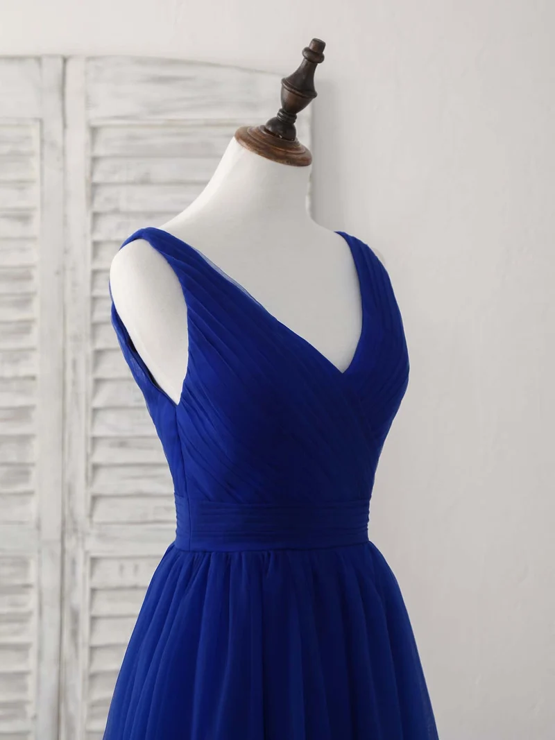 Robe de bal longue élégante en tulle bleu roi à col en V pour demoiselles d'honneur et soirées
