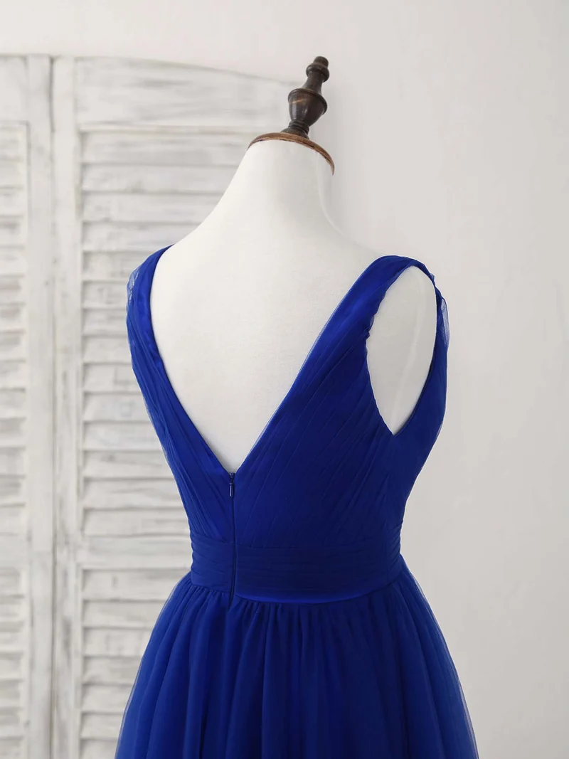 Robe de bal longue élégante en tulle bleu roi à col en V pour demoiselles d'honneur et soirées