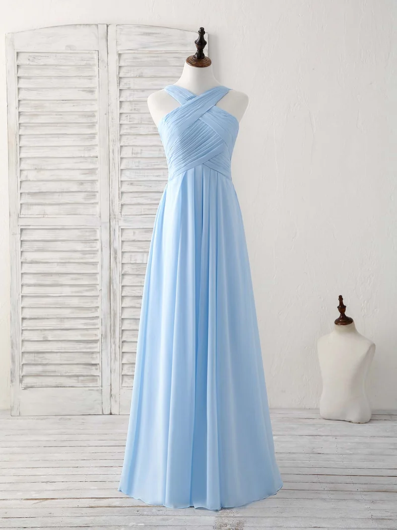 Robe de demoiselle d'honneur élégante en mousseline à col en V : robe de bal longue bleue simple
