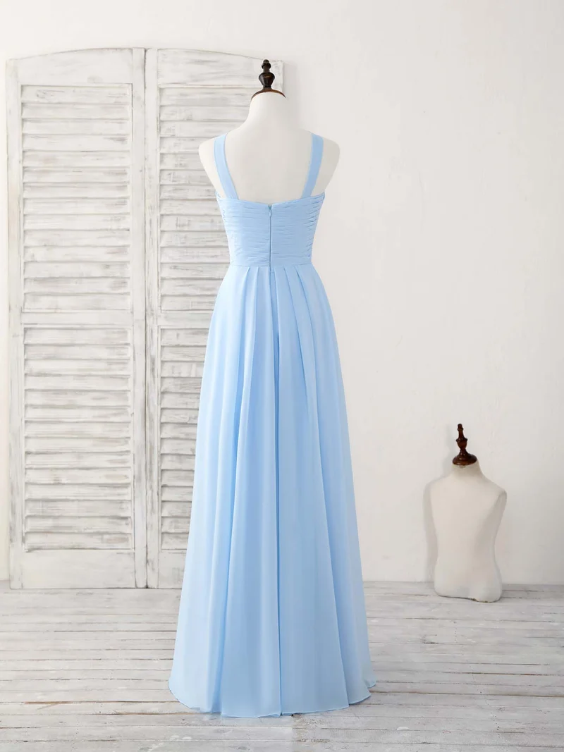 Robe de demoiselle d'honneur élégante en mousseline à col en V : robe de bal longue bleue simple
