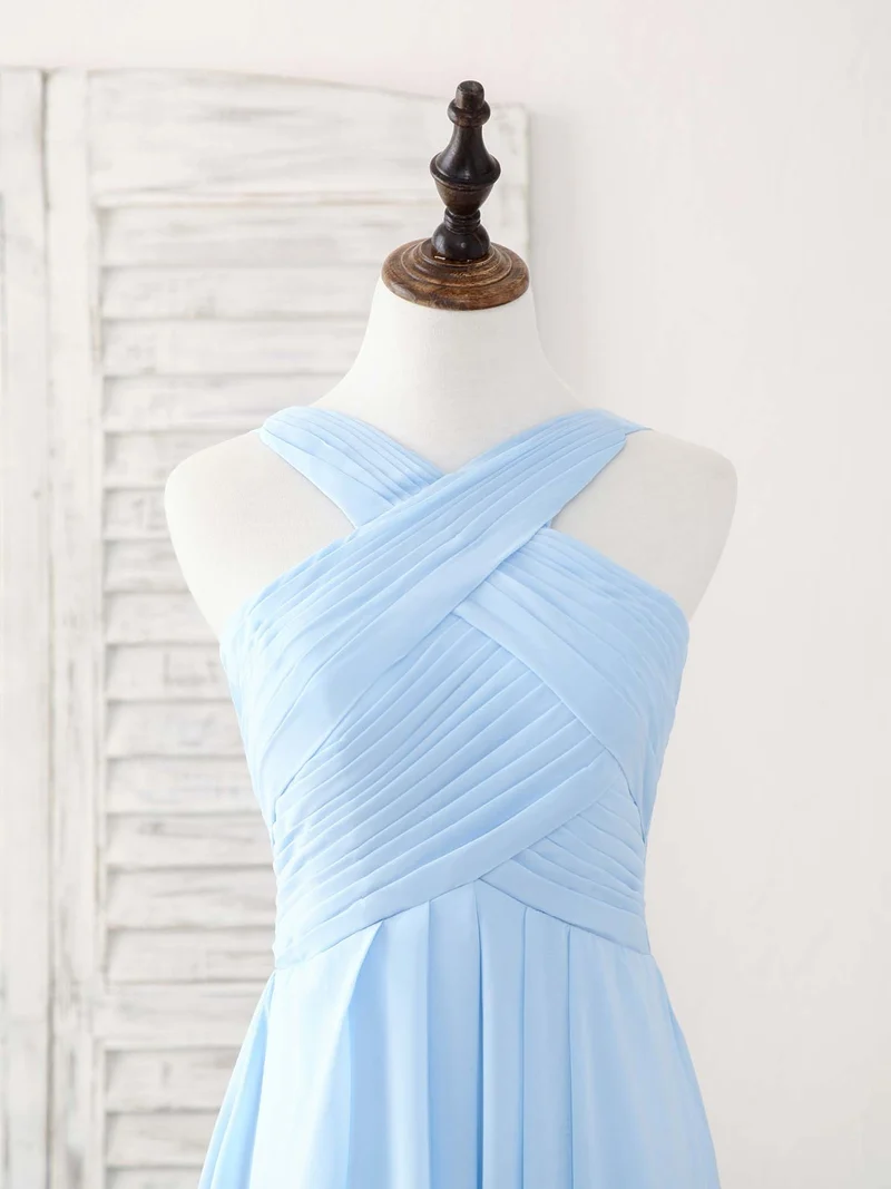 Robe de demoiselle d'honneur élégante en mousseline à col en V : robe de bal longue bleue simple