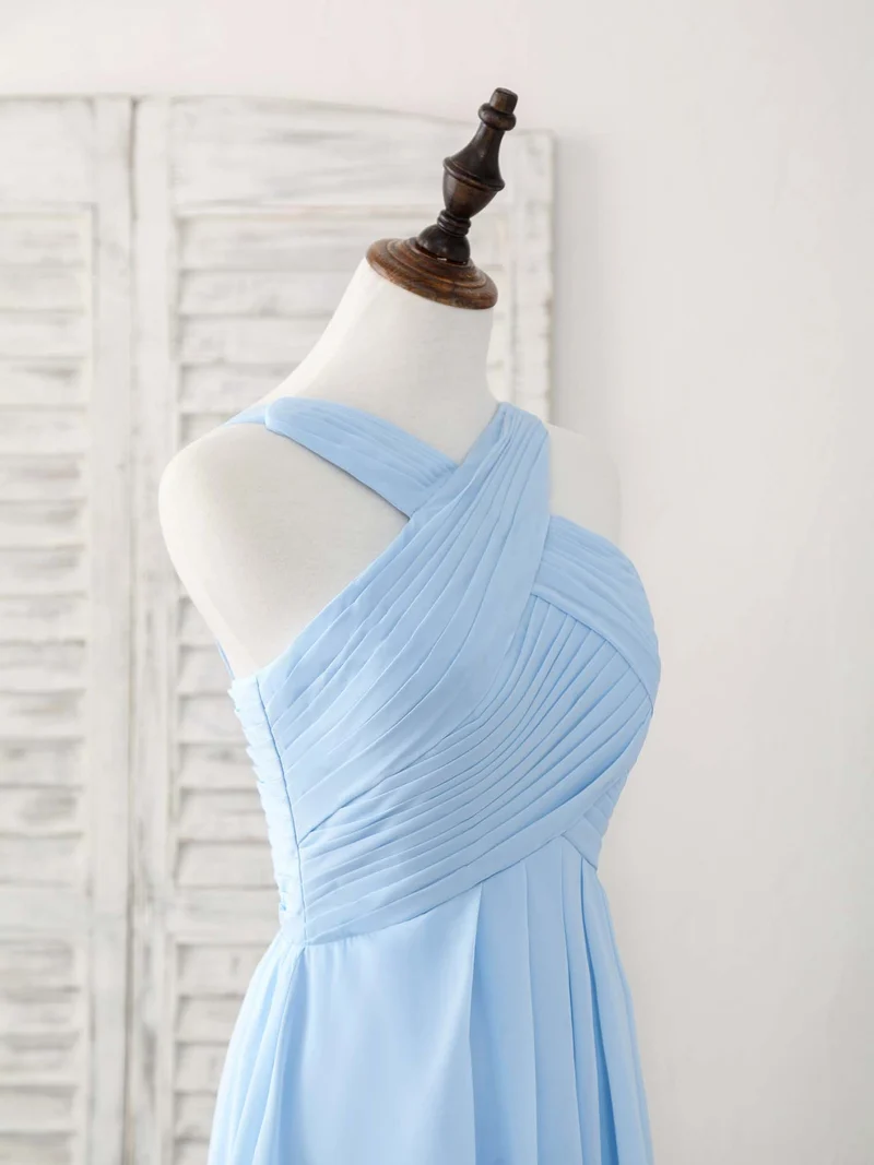 Robe de demoiselle d'honneur élégante en mousseline à col en V : robe de bal longue bleue simple