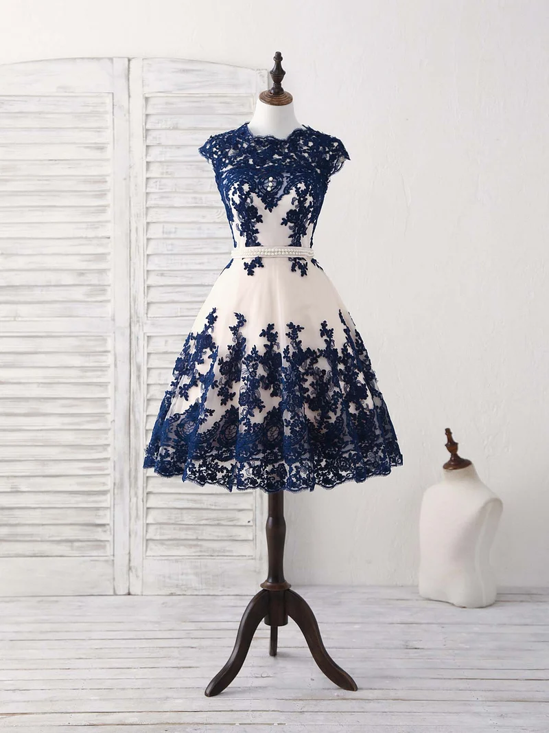 Robe de bal courte élégante en tulle et dentelle bleu foncé, robe de demoiselle d'honneur bleue élégante