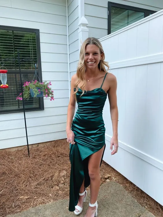 Robe de bal verte élégante, longue et sexy, avec fente pour femme