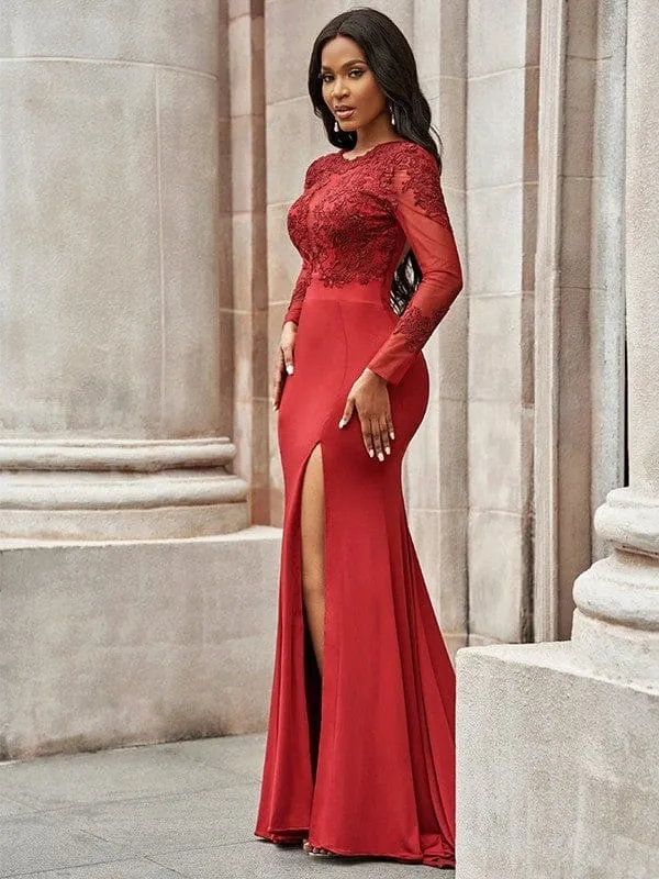 Robe de bal élégante en élasthanne, style sirène, décolleté plongeant, manches longues, traîne