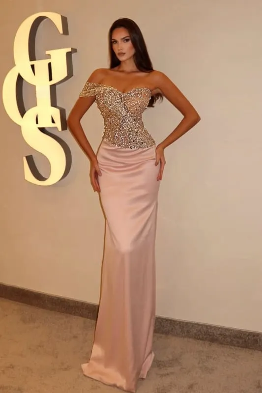 Robe de bal sirène élégante en satin à paillettes asymétriques et longue