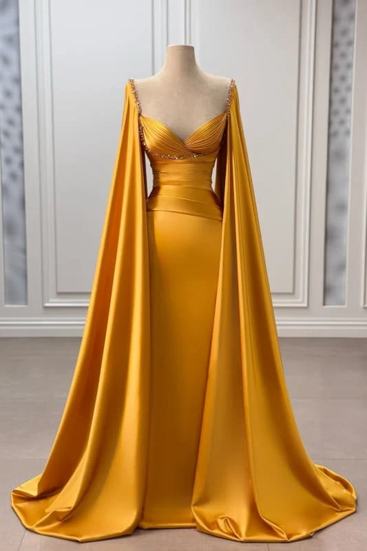 Robe de bal sirène élégante en satin froncé avec cape fluide