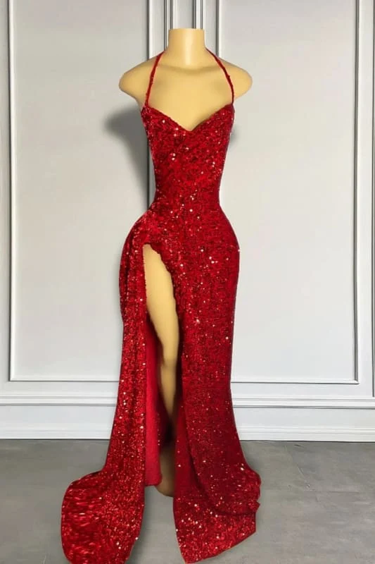 Superbe robe de bal sirène rouge brillante à paillettes avec élégante fente sur le devant