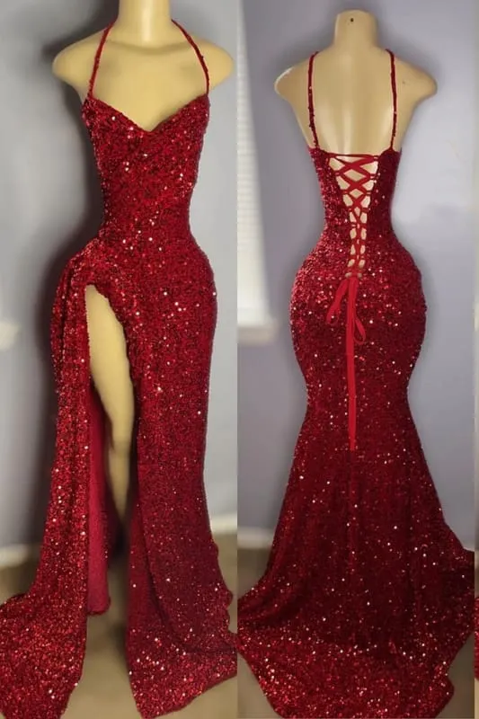 Superbe robe de bal sirène rouge brillante à paillettes avec élégante fente sur le devant