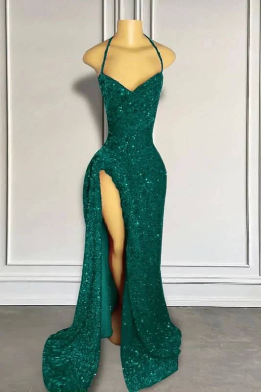 Superbe robe de bal sirène rouge brillante à paillettes avec élégante fente sur le devant
