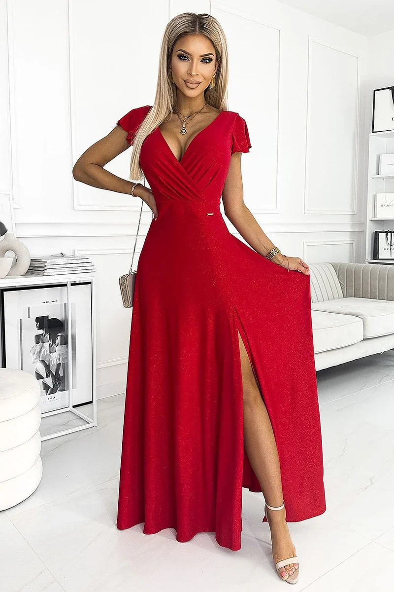 Robe sequin rouge longue fendue manches courtes