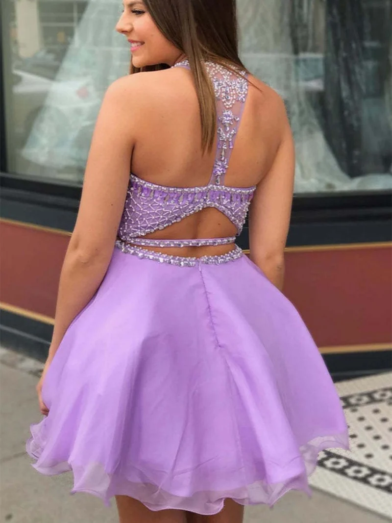 Robe de bal courte deux pièces lilas scintillante à col licou : robe de soirée perlée pour la rentrée et la remise des diplômes