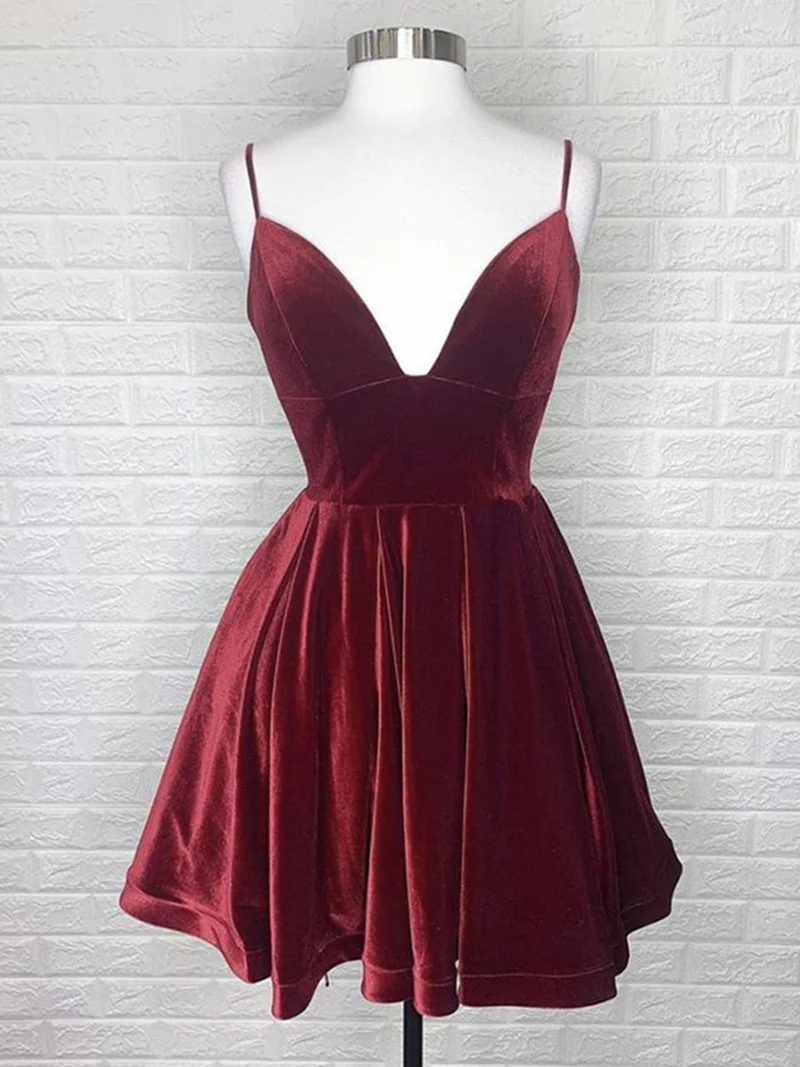 Robe de bal courte élégante en velours bordeaux, dos nu, col en V, pour remise de diplômes et retour à la maison