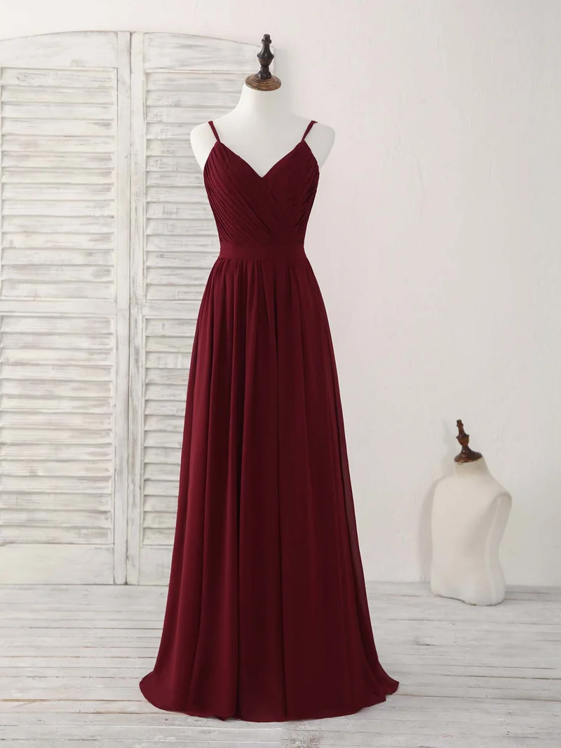 Robe de soirée longue élégante en mousseline bordeaux, coupe trapèze, pour demoiselles d'honneur