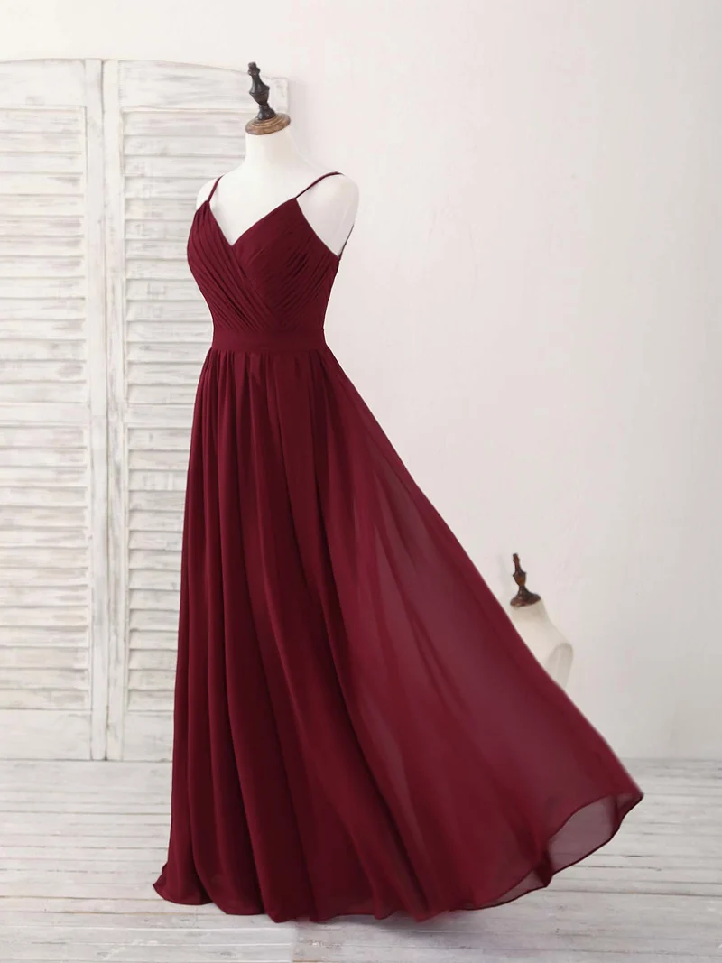 Robe de soirée longue élégante en mousseline bordeaux, coupe trapèze, pour demoiselles d'honneur
