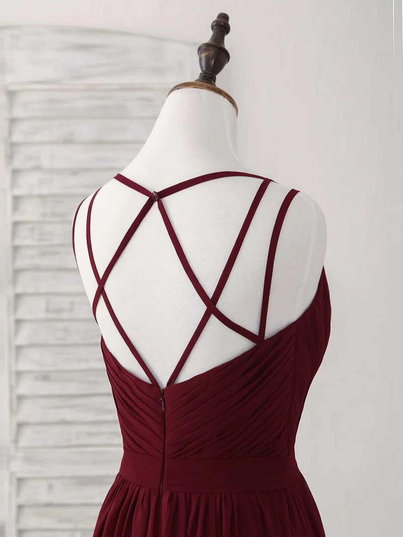 Robe de soirée longue élégante en mousseline bordeaux, coupe trapèze, pour demoiselles d'honneur