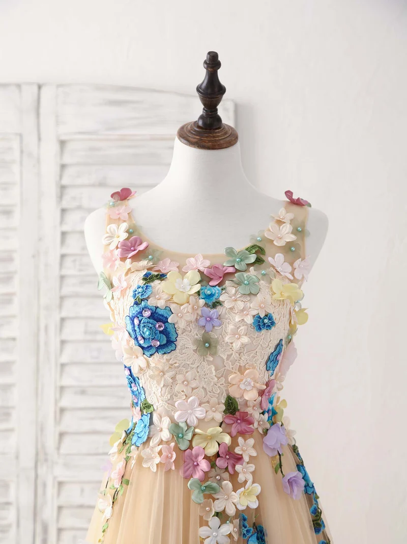 Robe de soirée longue élégante en tulle champagne avec appliques en dentelle