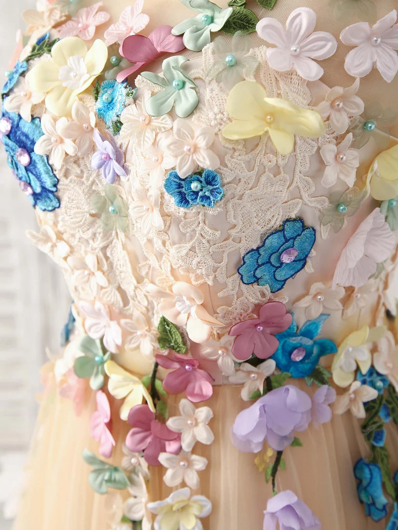 Robe de soirée longue élégante en tulle champagne avec appliques en dentelle