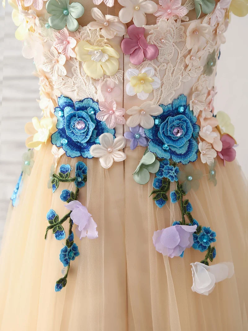 Robe de soirée longue élégante en tulle champagne avec appliques en dentelle