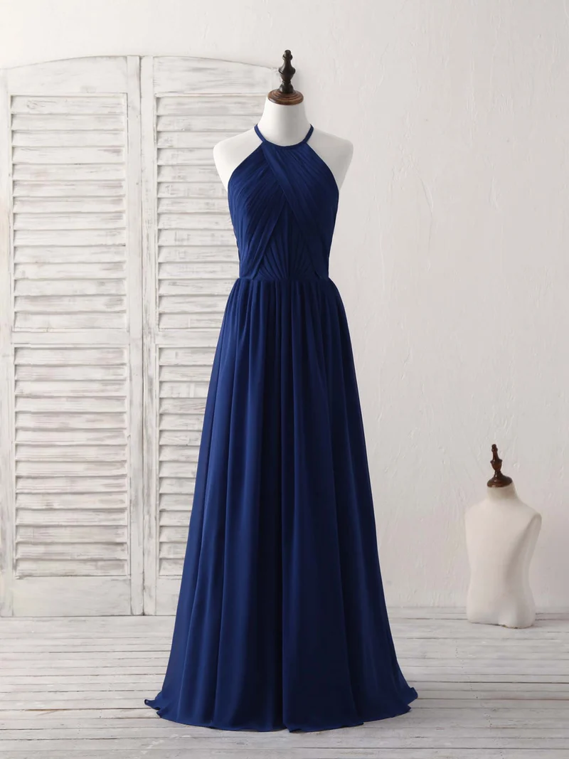 Robe de demoiselle d'honneur élégante en mousseline bleu foncé, longue, design simple et fluide