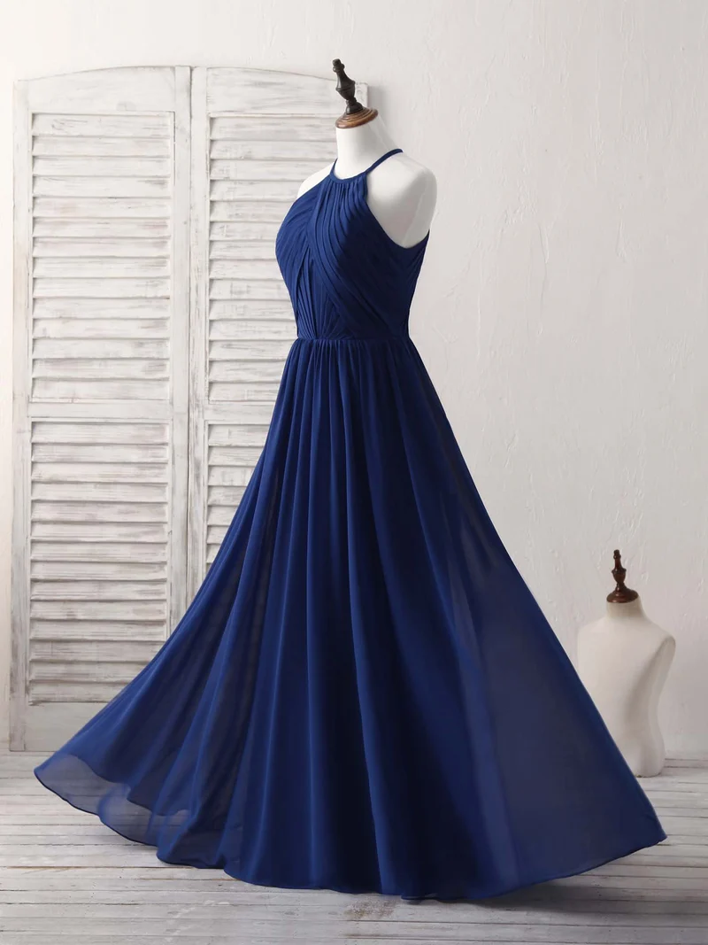 Robe de demoiselle d'honneur élégante en mousseline bleu foncé, longue, design simple et fluide