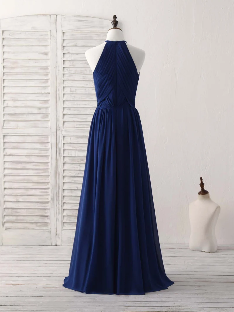Robe de demoiselle d'honneur élégante en mousseline bleu foncé, longue, design simple et fluide