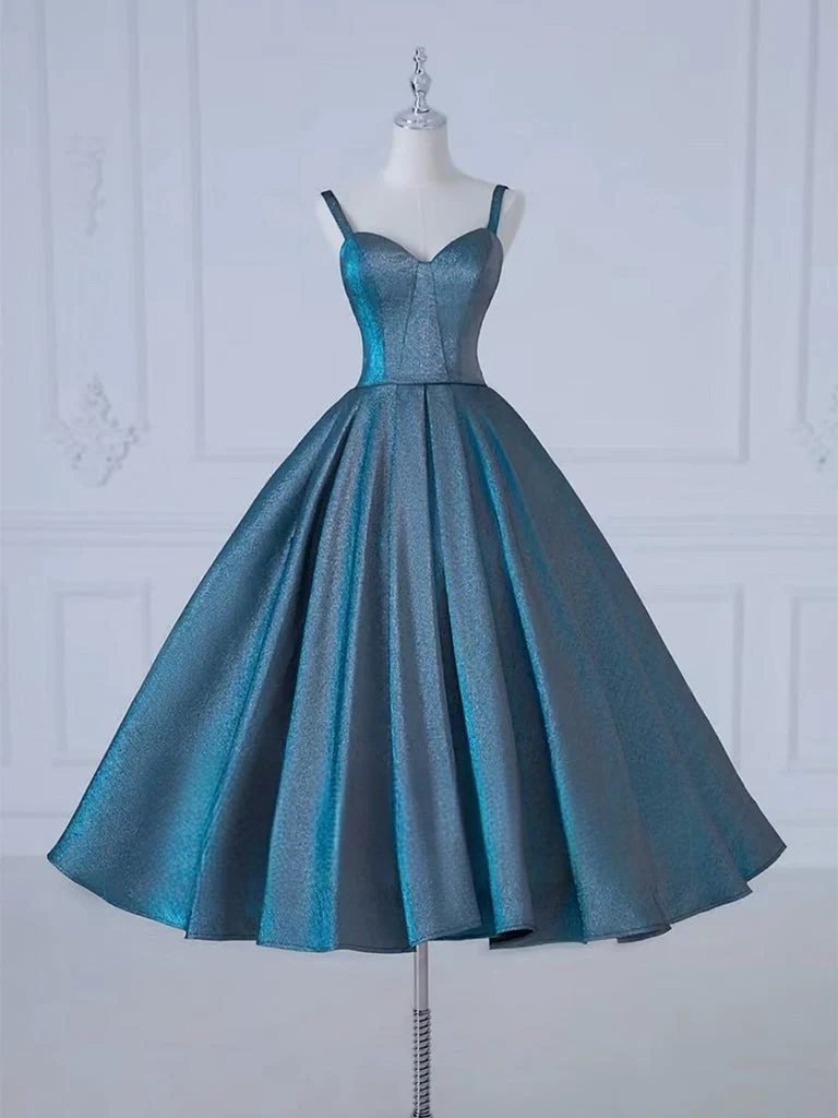 Robe de bal élégante en satin bleu, coupe trapèze, longueur thé, décolleté en cœur, pour occasions formelles