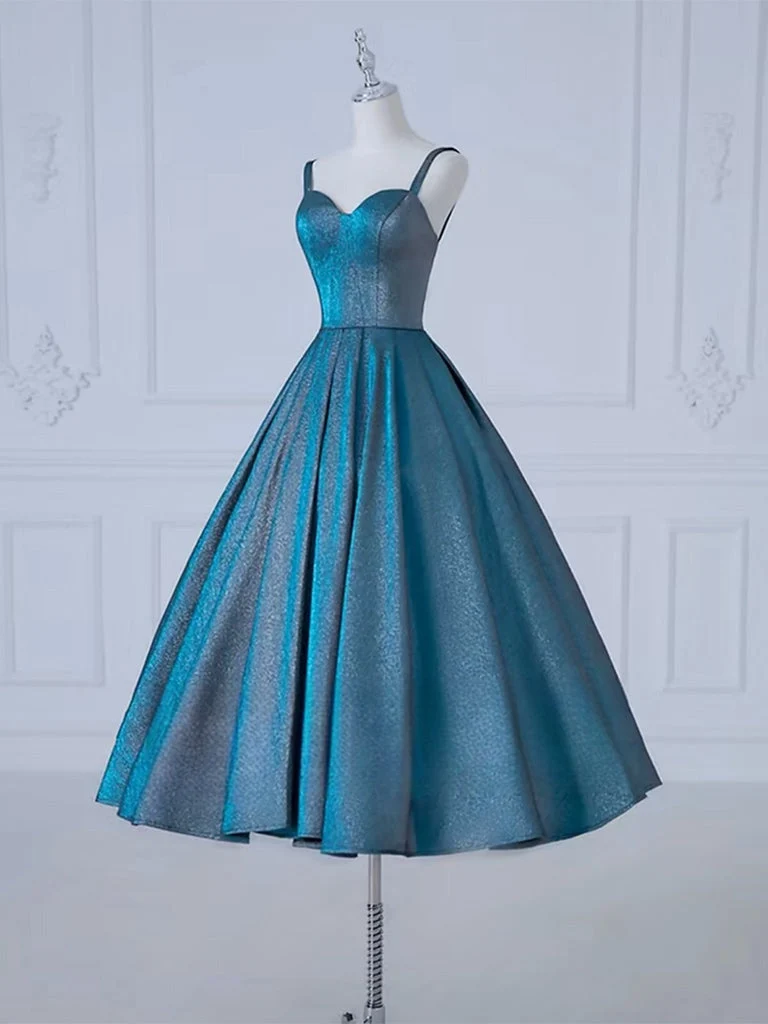 Robe de bal élégante en satin bleu, coupe trapèze, longueur thé, décolleté en cœur, pour occasions formelles