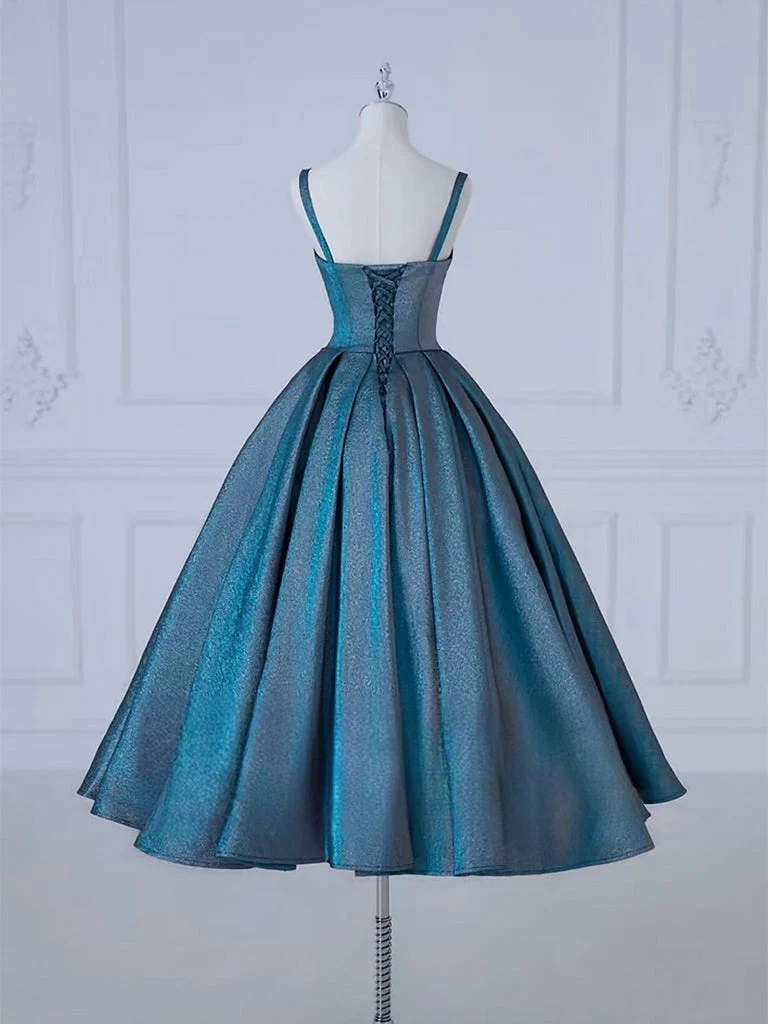 Robe de bal élégante en satin bleu, coupe trapèze, longueur thé, décolleté en cœur, pour occasions formelles