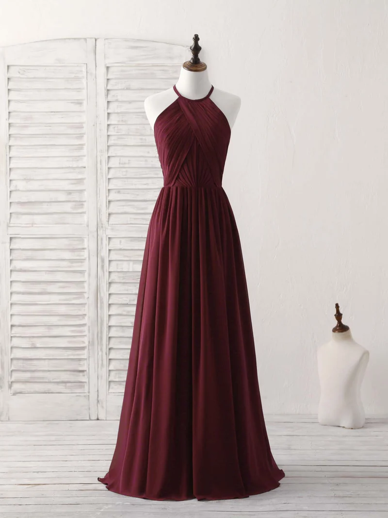 Robe de bal longue élégante en mousseline bordeaux, robe de soirée simple pour demoiselles d'honneur