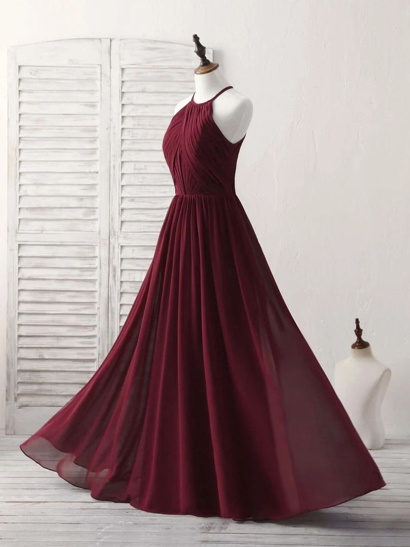 Robe de bal longue élégante en mousseline bordeaux, robe de soirée simple pour demoiselles d'honneur