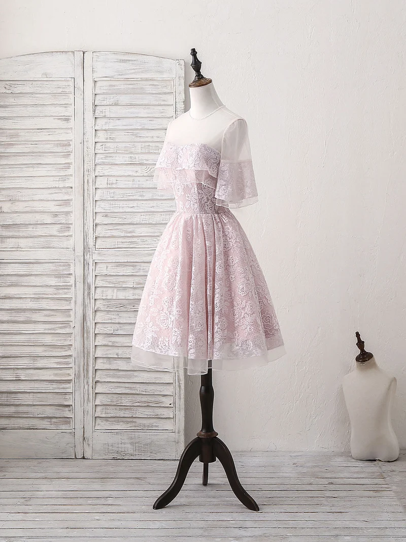 Robe de bal courte rose élégante à col rond et dentelle en tulle pour les événements de retour à la maison