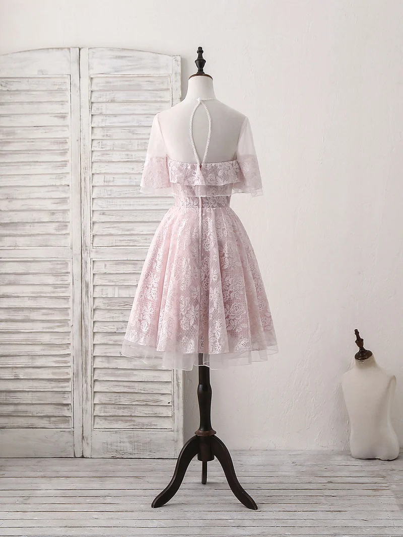 Robe de bal courte rose élégante à col rond et dentelle en tulle pour les événements de retour à la maison