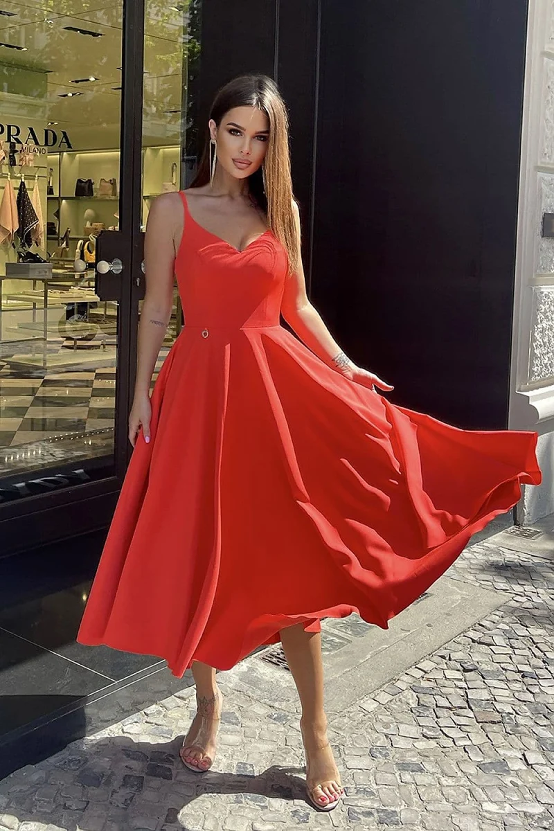 Robe de soirée rouge midi élégante