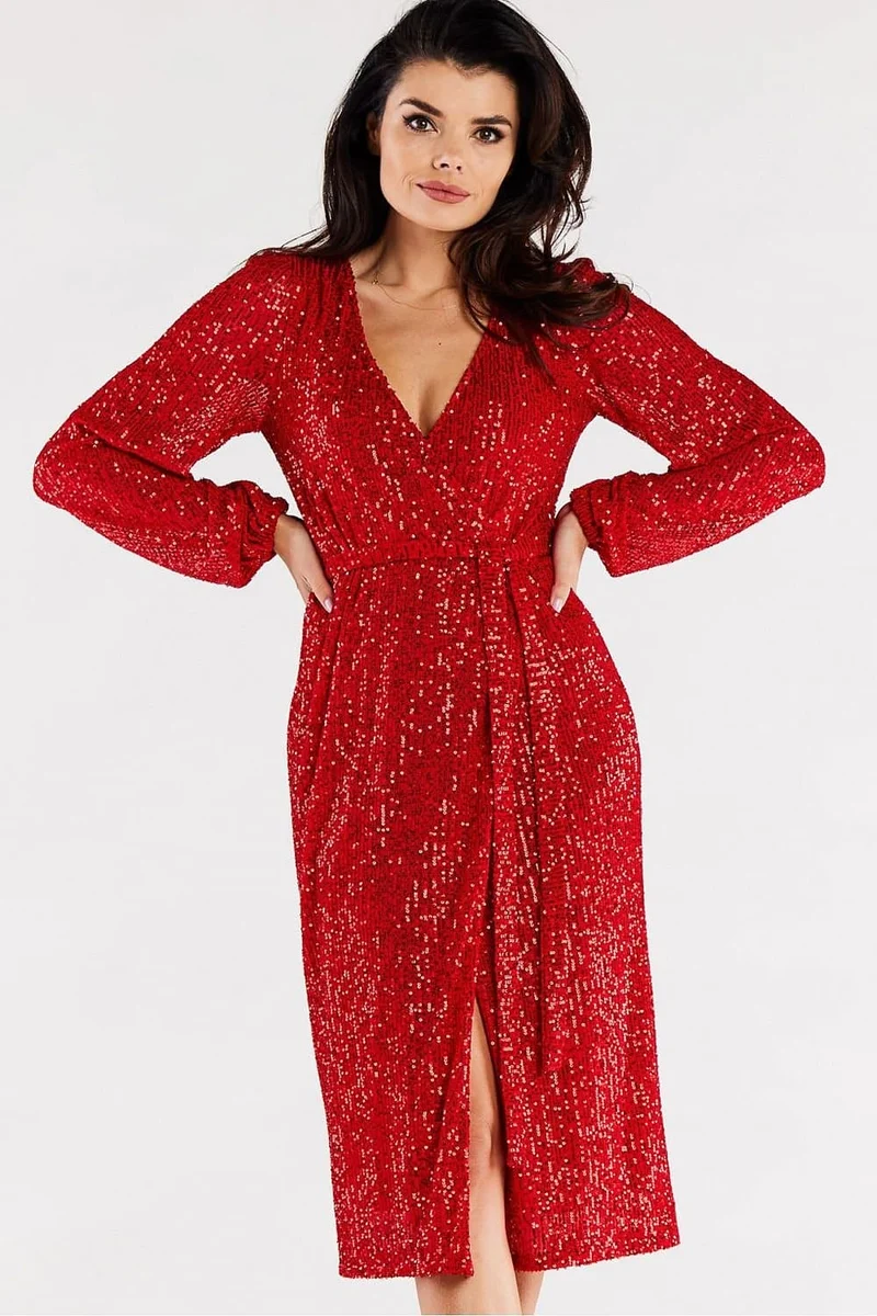 Robe portefeuille rouge à paillettes manches longues