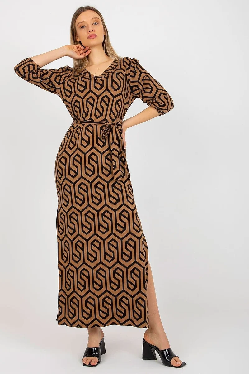 Robe casual marron longue fendue