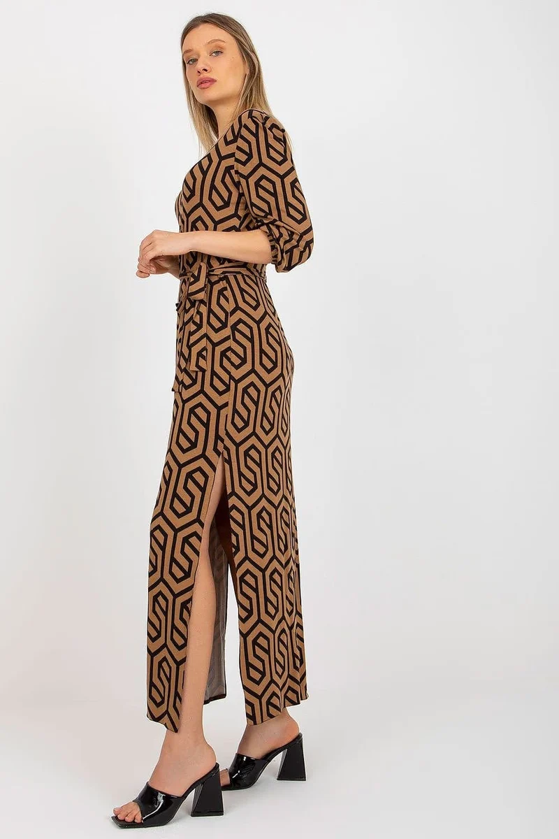 Robe casual marron longue fendue