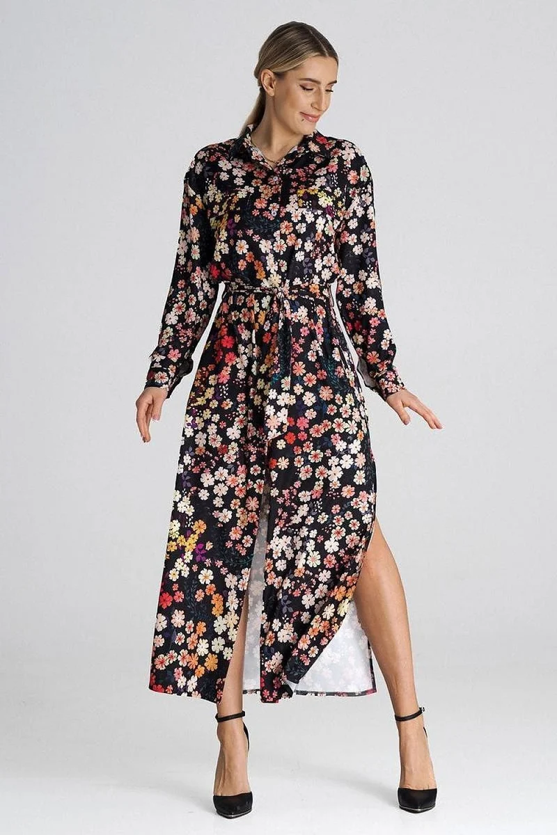 Robe chemise fleurie noir manche longue