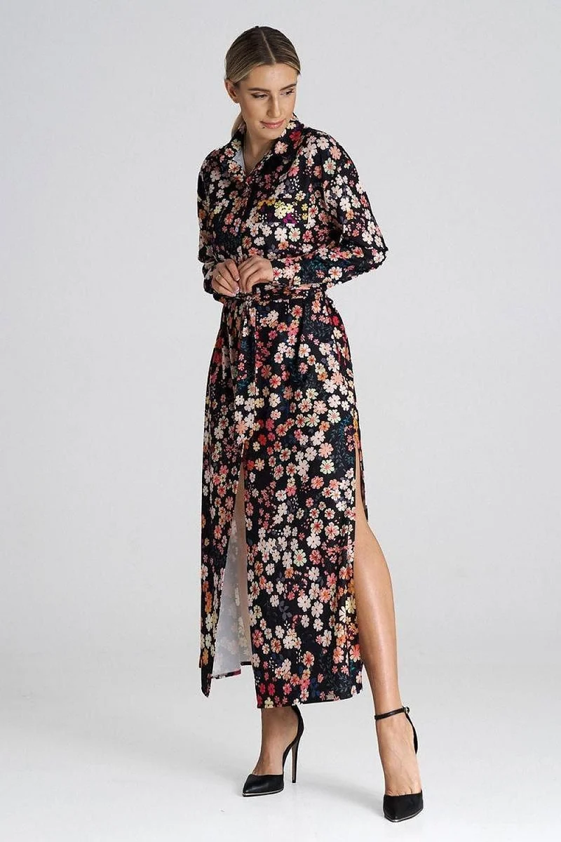 Robe chemise fleurie noir manche longue