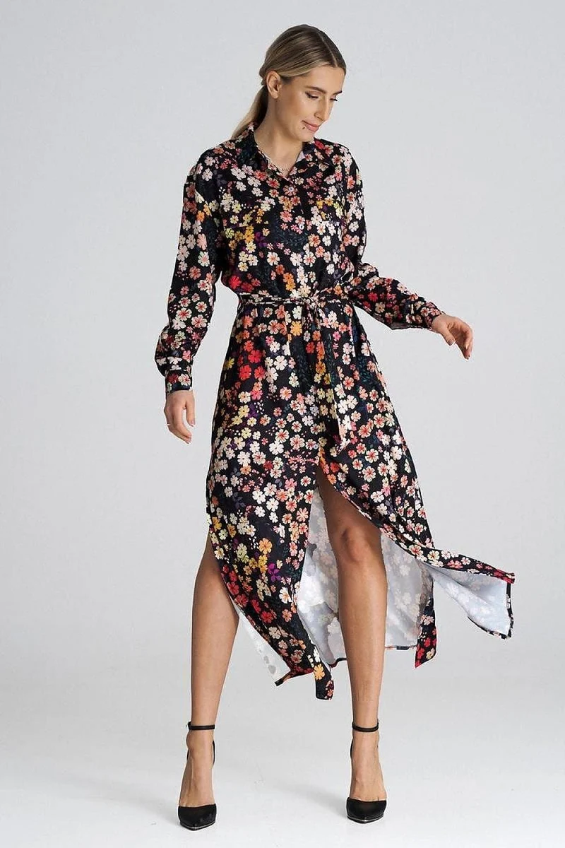 Robe chemise fleurie noir manche longue