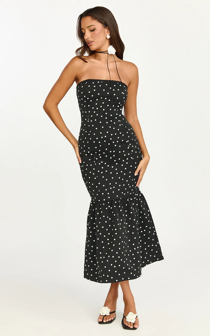 Seraphina Midi Dress - Polka Dot Strapless Lace Neck Gathered Mermaid Skirt Dress in Black Polka Dot