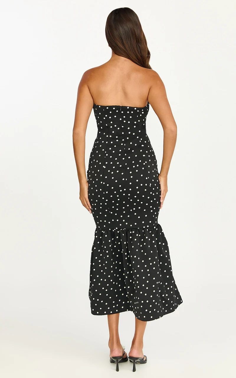 Seraphina Midi Dress - Polka Dot Strapless Lace Neck Gathered Mermaid Skirt Dress in Black Polka Dot