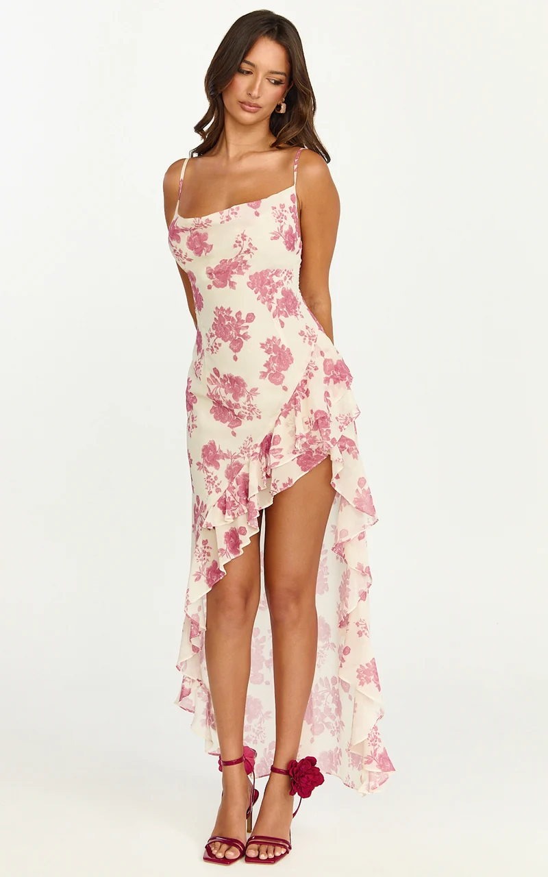 Lila Maxi Dress - Cowl Neck Asymmetric Frill Skirt Dress in Toile De Joie Print