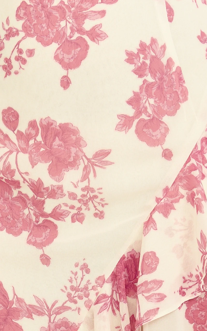Lila Maxi Dress - Cowl Neck Asymmetric Frill Skirt Dress in Toile De Joie Print
