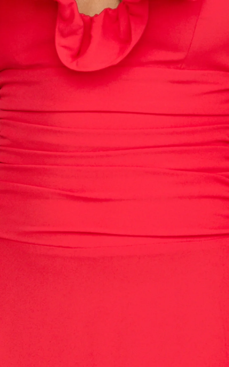 Vivienne Midi Dress - Rosette Neck Gathered Frill Split Leg Dress in Red