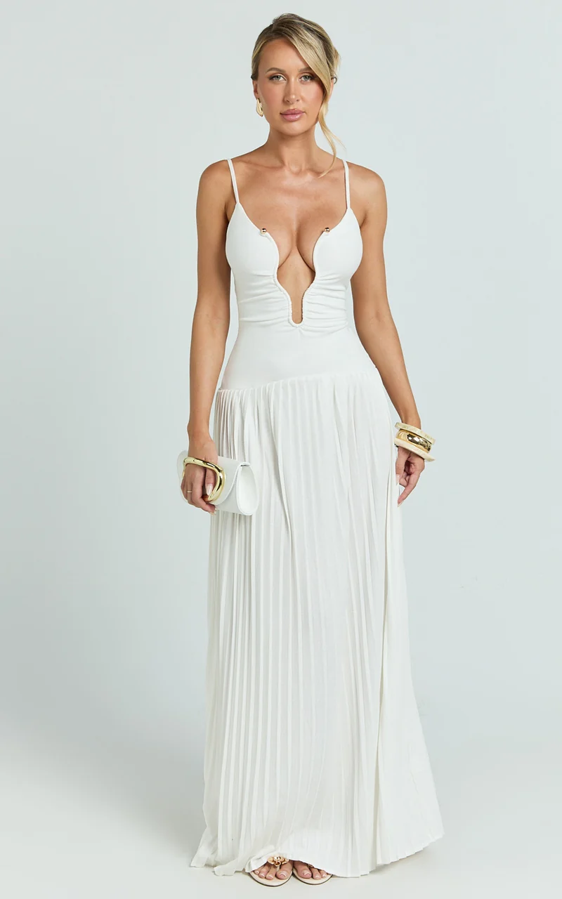 Hathaway Maxi Dress - U Shaped Neck Pleated Dress in Ivory