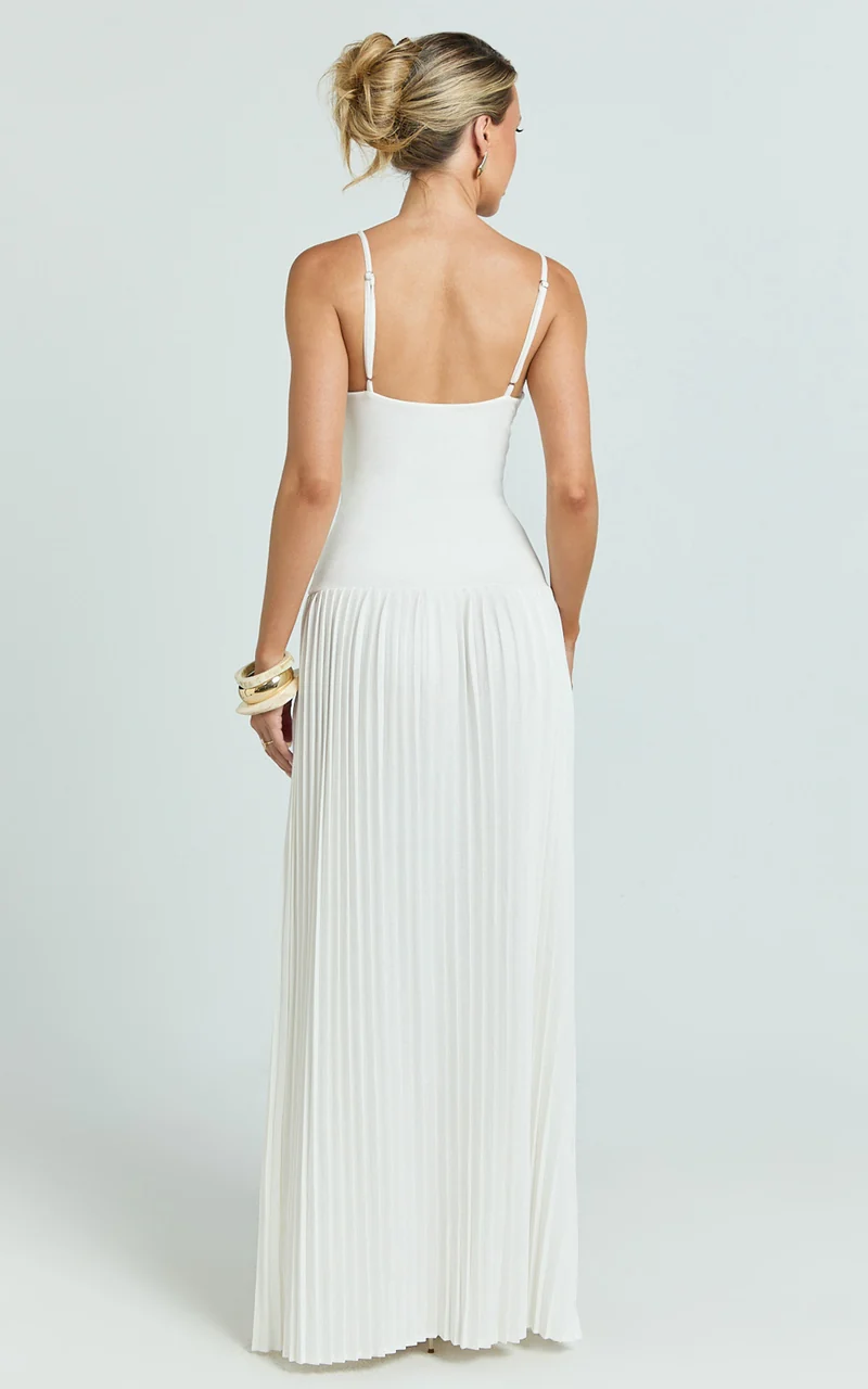 Hathaway Maxi Dress - U Shaped Neck Pleated Dress in Ivory